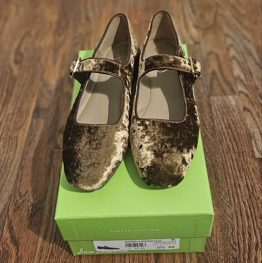 SAM EDELMAN Michaela Bronze Velvet Mary Jane Shoes